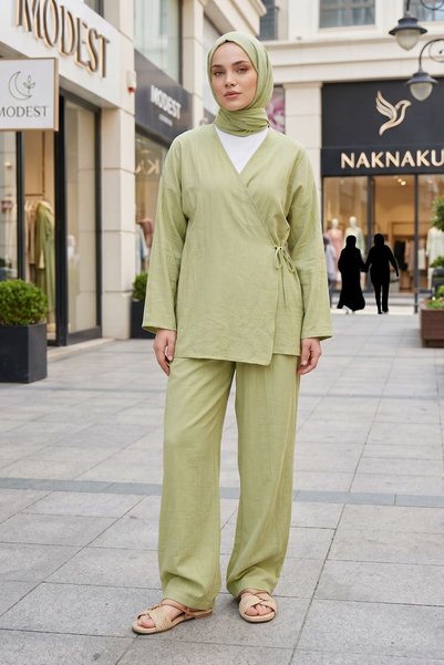 adamila Kadın Yağ Yeşili Yandan Bağlamalı Çilek Kumaş Kimono Tunik Pantolon T...