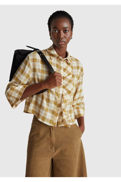 United Colors of Benetton Women's Yellow Cotton Blend Checkered Shirt with Ru...