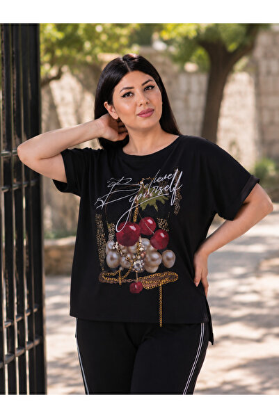lavelina Plus Size Cherry Printed Stone Detailed Lace Back Garnished Short Sl...
