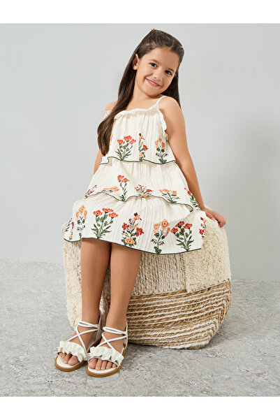 Styli Girls Off-White Embroidered Floral Tiered Dress