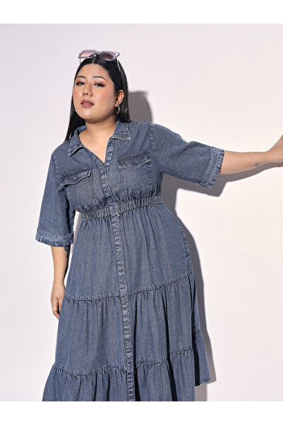 Sassafras By Styli Plus Size Navy Denim Tiered Midi Dress