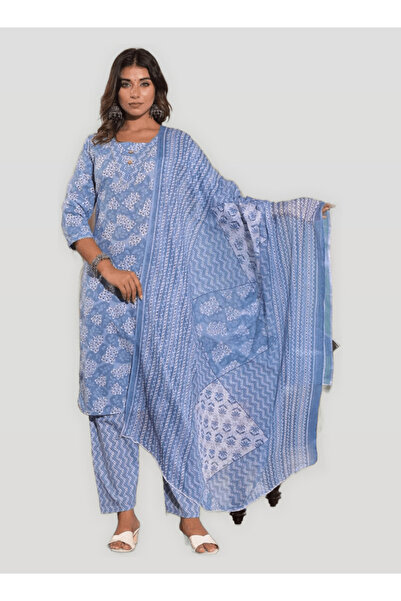 DESIQLO By Styli Blue Ethnic Motif Printed Cotton Kurta with Pant and Dupatta...