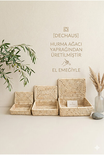 DECHAUS 3'lü Premium Kapaklı Hasır Sepet Takımı Dikdörtgen - Hurma Ağacı Yapr...