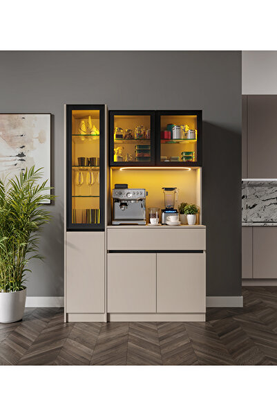 GuneyStore Viona Kum Beji Midi Sol Vitrinli Komple MDF LED Aydınlatmalı Kahve...