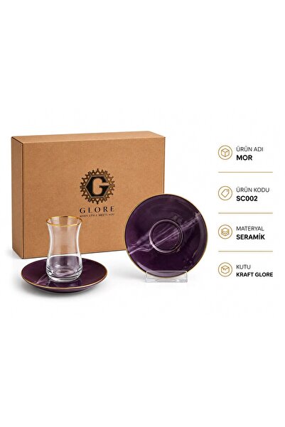 Glore Mor 12 Parça 6 Kişilik Altın Yaldızlı Seramik Çay Takımı