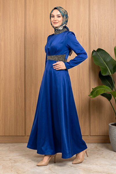 FERHEL Women's Satin Evening Dress with Stone Detail on Collar and Waist - Sa...