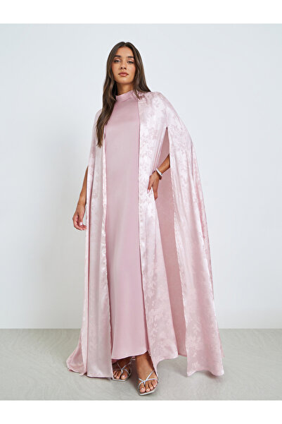 Amirah By Styli Pink Jacquard Abaya with Satin Inner Dress Set