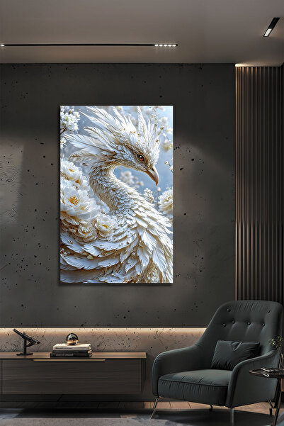 Parıltı Yayınları Modern Beyaz Anka Kuşu Çiçek Temalı Cam Tablo Lüks Salon Of...