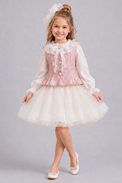 Riccotarz Girl's Spanish Shirt with Ruffle Collar and Lace Embroidery, Chanel Vest, White Skirt Set