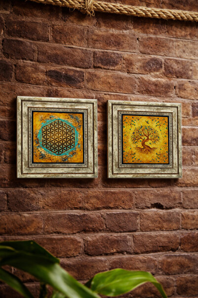 Sadrazam Motifed Tree of Life Symbol and Flower of Life Symbol 25X25 cm Set o...