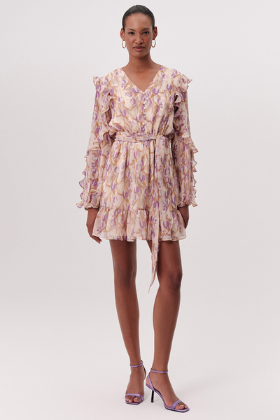 Exquise V-Neck Belted Waist Lined Regular Mini Dress