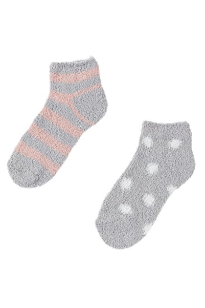 Zumzeria Short Fluffy Gray Women's Socks with Dots & Stripes - 2 pairs