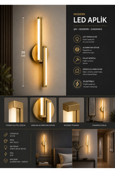 VOLTMARKET 2 ADET ELEKTİRİK Modern LED Duvar Apliği 30cm - Eskitme Renkli | G...