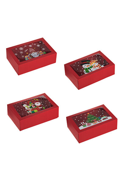 Zumzeria Set of Red Christmas Sweet Boxes with Pattern & Window 22x15x7cm - 4pcs