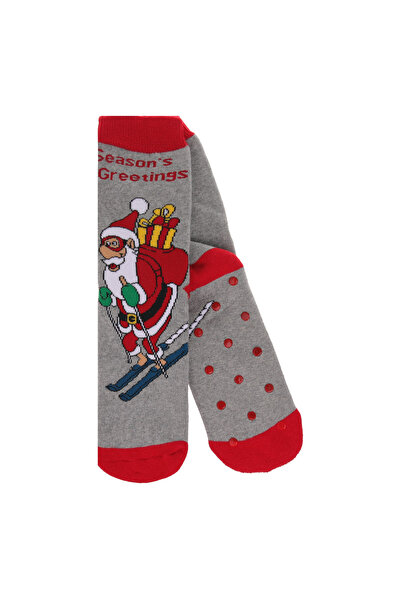 Zumzeria Christmas Grey and Red Socks with Skiing Santa Design Anti-slip for ...