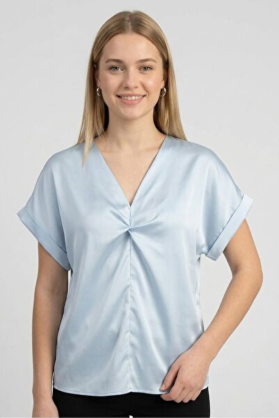 Bebe Women V-Neck Cuffed Sleeve Solid Blouse, Sky Blue