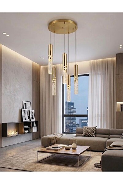 AAhome Lustră LED 5003/5 – 5 pendule elegante, auriu, soclu LED, cu lumină re...