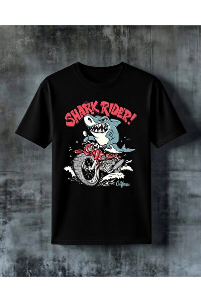 COMVİCHO تي شيرت كبير الحجم مطبوع عليه دراجة نارية من Shark Rider