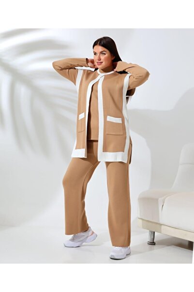 Intisimo Women's Knitted Three-Piece Classic Set, Light Brown/White