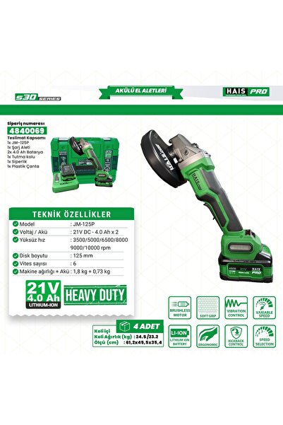 Hais HaisPro Akülü Avuç Taşlama Makinesi 2x4 Ah Çift Akü S30 Rb-125p