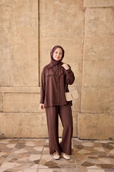 LOCCO Women's Double Pocket Look Button Detail Suit Brown