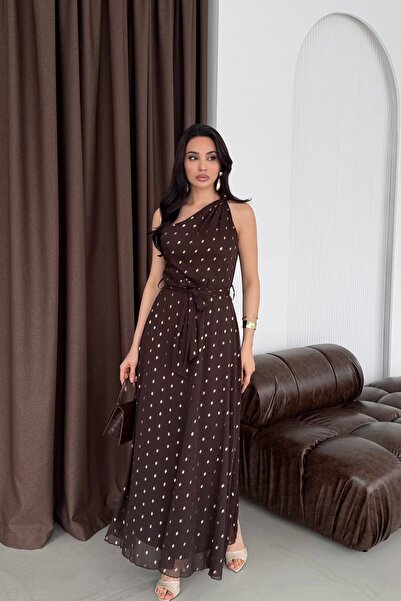 Serica Moda Brown Off-Shoulder Tie-Dye Gold Polka Dot Dress