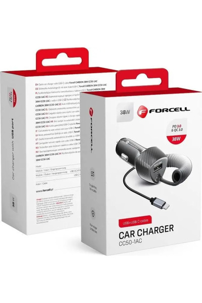 Forcell CARBON ≈Încărcător auto USB QC 3.0 18W + cablu pentru Type C 3.0 PD20...