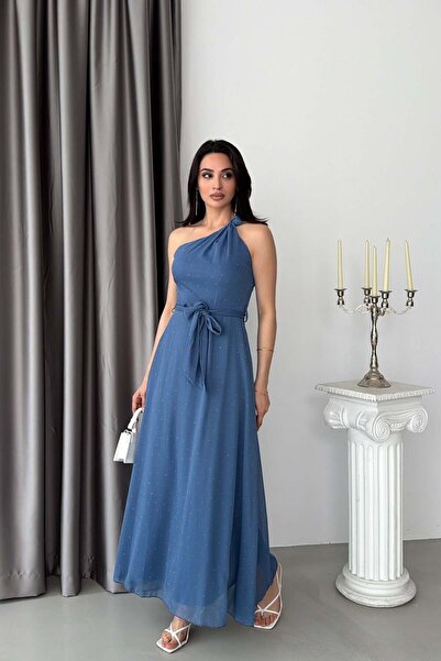 Serica Moda Rochie din șifon Indigo cu șireturi la umeri și aplicații de piatră