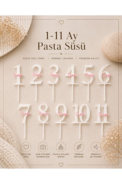 Liora3dStudio Kişiye Özel İsimli Bebek Ay Kutlama Pasta Süsü Seti 1-11 Ay Fot...