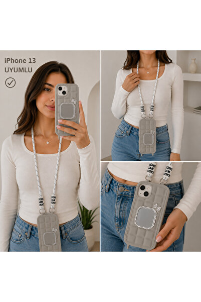 Nettech iPhone 13 Uyumlu Aynalı Taşlı Boyun Askılı Silikon Kılıf