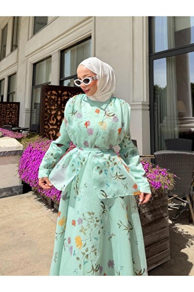 fushya design Omuzları Fiyonk Detaylı Bahar Desenli Kıloş Elbise