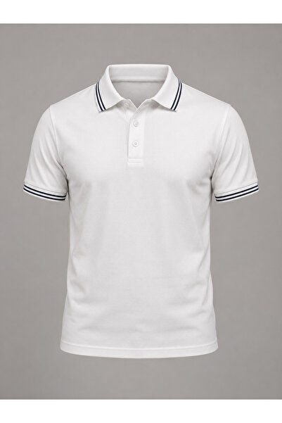 LOOKMT MODA Beyaz Polo Yaka Çizgili Slim Fit Kısa Kollu Tişört