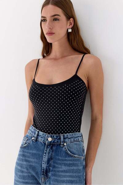 Lencie Stone Detailed Snap Fastener Bodysuit Black
