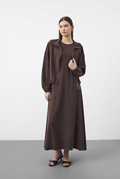 Basicpark Coffee Women's Premium Tencel Texture Sweat Top Midi Dress Set