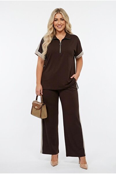Koza Butik Women's Plus Size Short Sleeve Half Zipper Garnished Tracksuit Set...