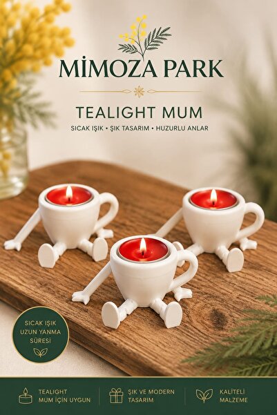 MİMOZA PARK 3 Adet Kahve Fincanı Figürlü Dekoratif Mumluk - Tea Light Dekor M...