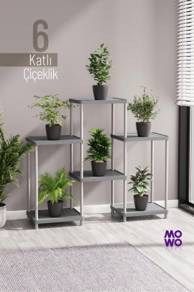 Mowo Home 6 Katlı Gri Çiçeklik Saksılık Dekoratif Saksı Standı Balkon Teras S...