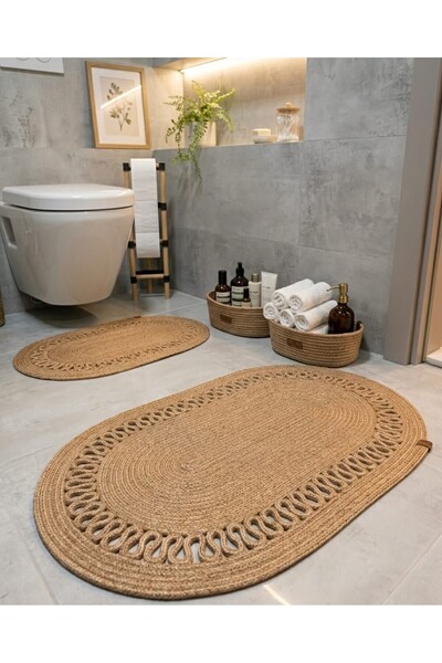 NERGİS HOME DESİGN Jüt Hasır Görünümlü 4’lü Banyo Seti – Dekoratif Banyo Düze...