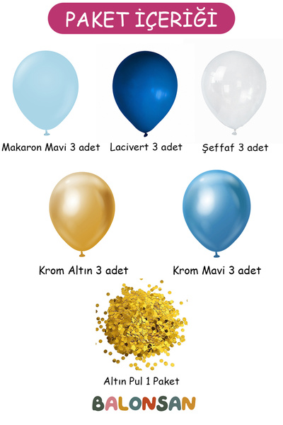 Balonsan Blue Navy Blue Gold Balloon Bundle 15 Pieces