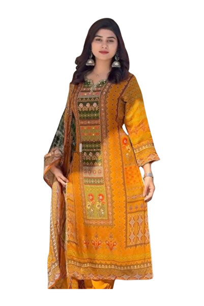MYSMAR Orange Faux Georgette Digital Print Suit Set with Dupatta - HRT6598 | ...