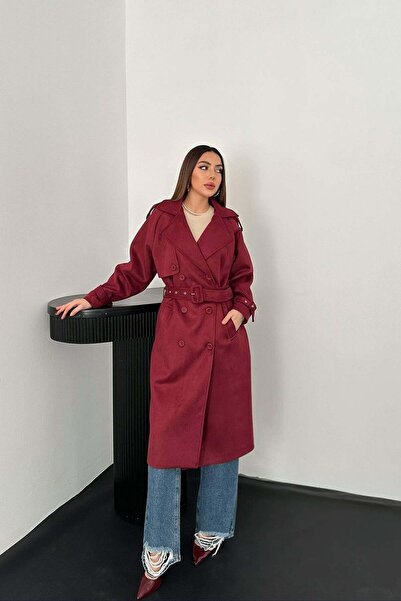 ozelia Burgundy Raglan Sleeve Suede Trench Coat