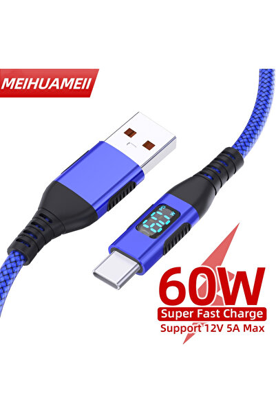 Choice3 1M 1PC Blue 60W USB C to Type C LED Display Cable 1M 2M 3M Fast charg...