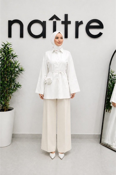 naitre Kadın Pileli Gül Detaylı Bağlamalı Tunik Poplin Gömlek Oversize