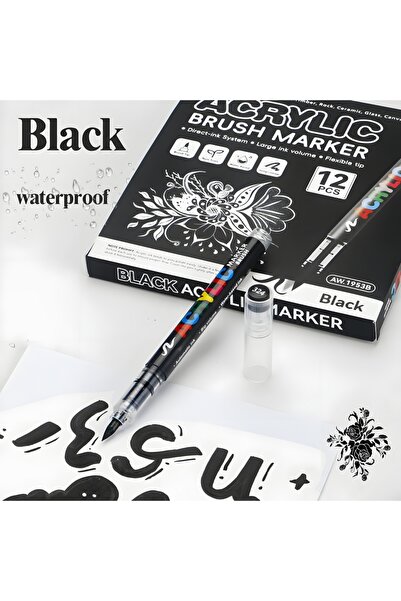 Choice9 12 Balck Acrylic Paint Markers,12Pack Soft Brush Tip Acrylic Paint Pe...