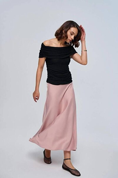 UTDU Flat Satin Skirt with Elastic Waist and Hidden Zipper on the Side