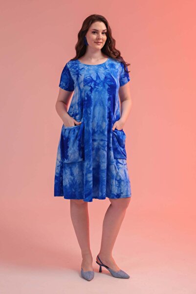 Madwilo Women's Saks Blue Tie-Dye Painting Casual Dress with Pockets, 42-54 C...