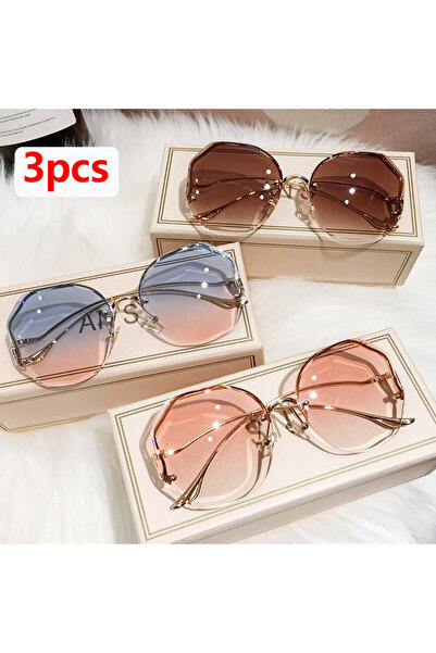 Choice4 3 قطع نظارات شمسية نسائية بدون إطار بتصميم مضلع، نظارات شمسية بإطار م...