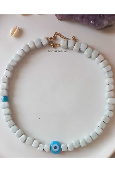 BNG AKSESUAR Bodrum Handmade White Glass Evil Eye Beaded Necklace