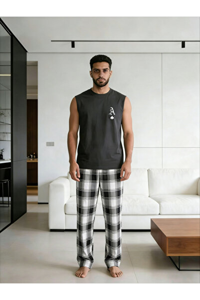 Take Two By Styli Men Printed Round Neck Tank and Checked Pants Set