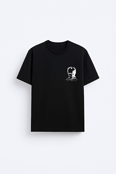 AYDESİGN Tricou negru din țesătură de bumbac cu imprimeu pe piept Mustafa Kem...